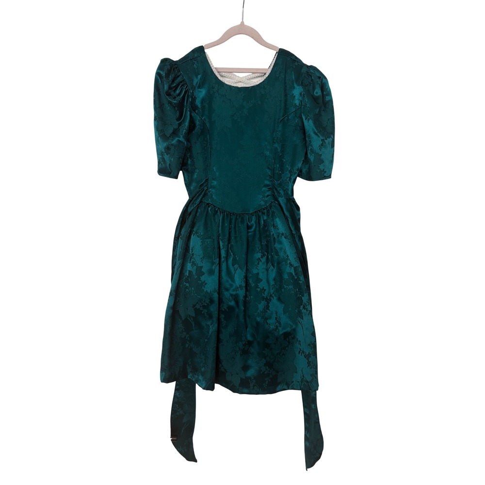 Vintage Disorderly Kids Emerald Green Floral Jacquard Dress Girls14 Made in USA
